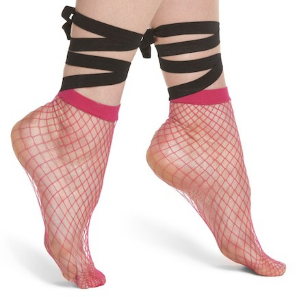 SARAH BORGHI ANNAMARIA ANKLE HIGH SOCKS PINK FISHNET BLACK STRAPS ONE SIZE NWT